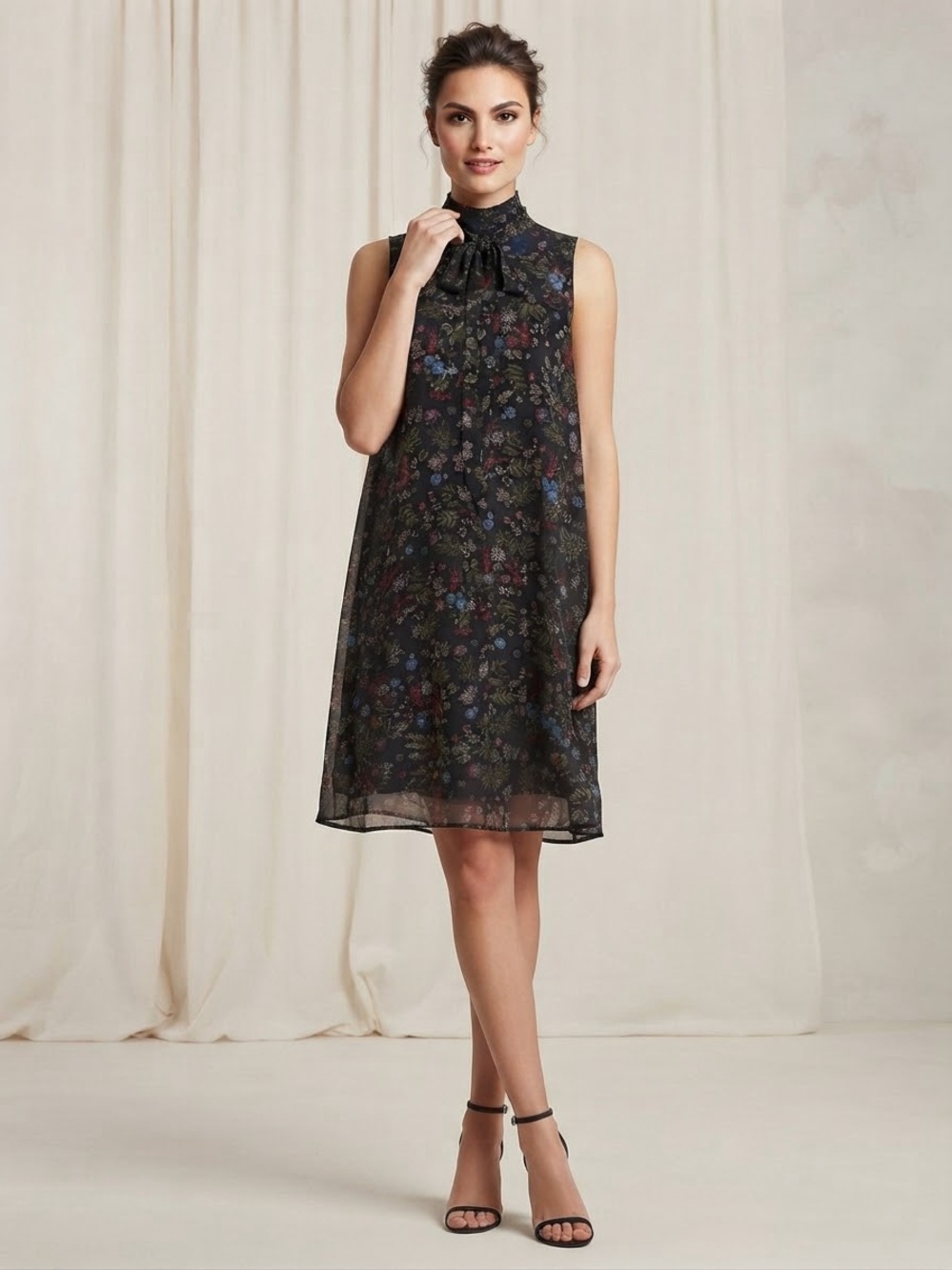 BCBGeneration Sleeveless Navy Floral Tie-Neck A-Line Dress